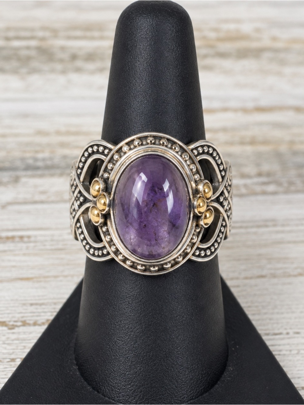 Suarti Bali Sterling Silver Cabochon Amethyst Ring 18K Gold Accent Size 8